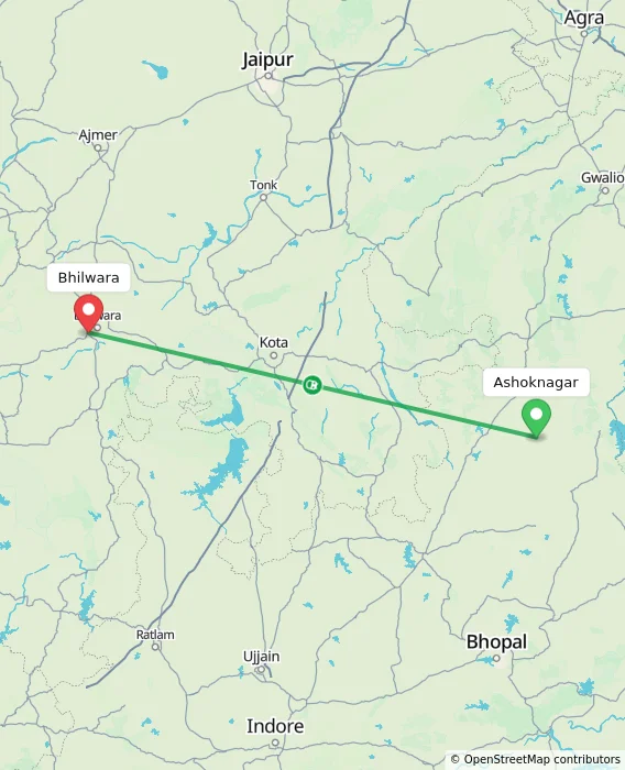 Route map showing distance and travel time from Ashoknagar, India to Bhilwara, India