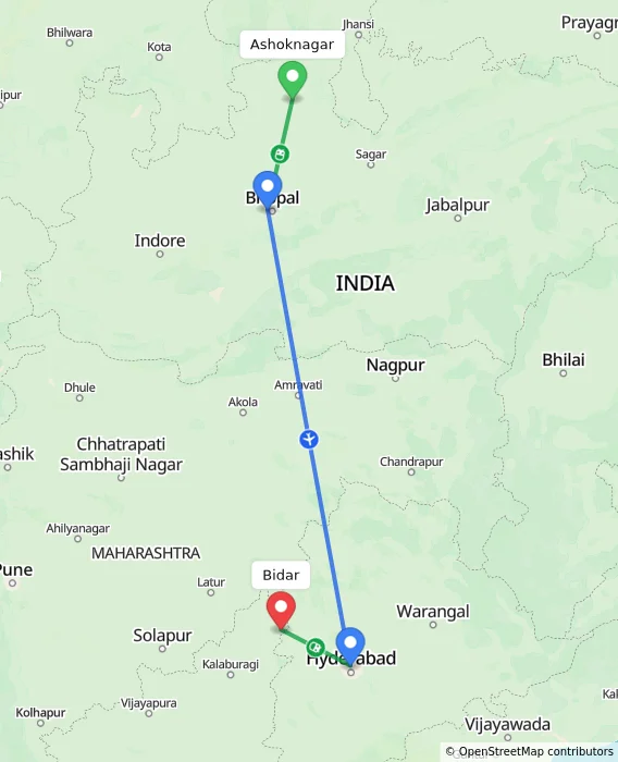 Route map showing distance and travel time from Ashoknagar, India to Bidar, India