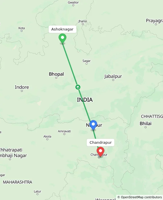 Route map showing distance and travel time from Ashoknagar, India to Chandrapur, India