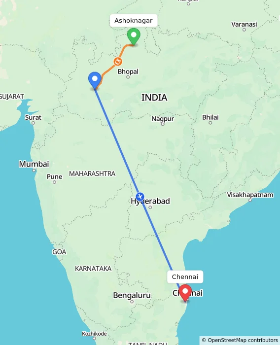 Route map showing distance and travel time from Ashoknagar, India to Chennai, India