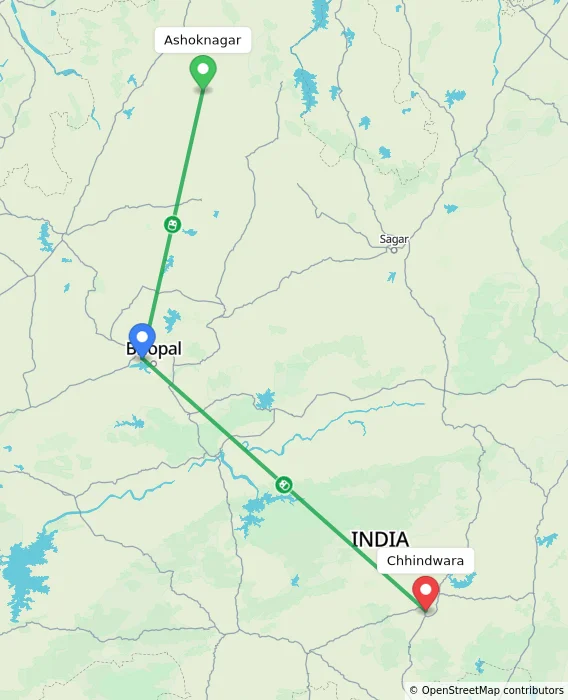 Route map showing distance and travel time from Ashoknagar, India to Chhindwara, India