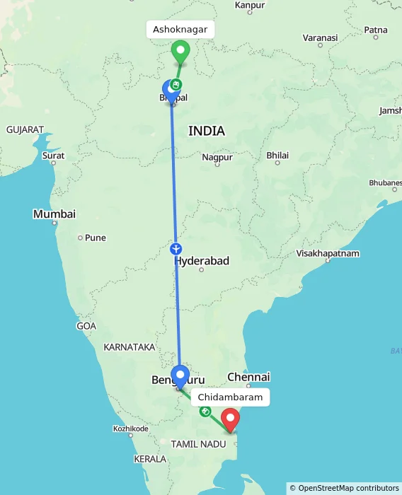 Route map showing distance and travel time from Ashoknagar, India to Chidambaram, India