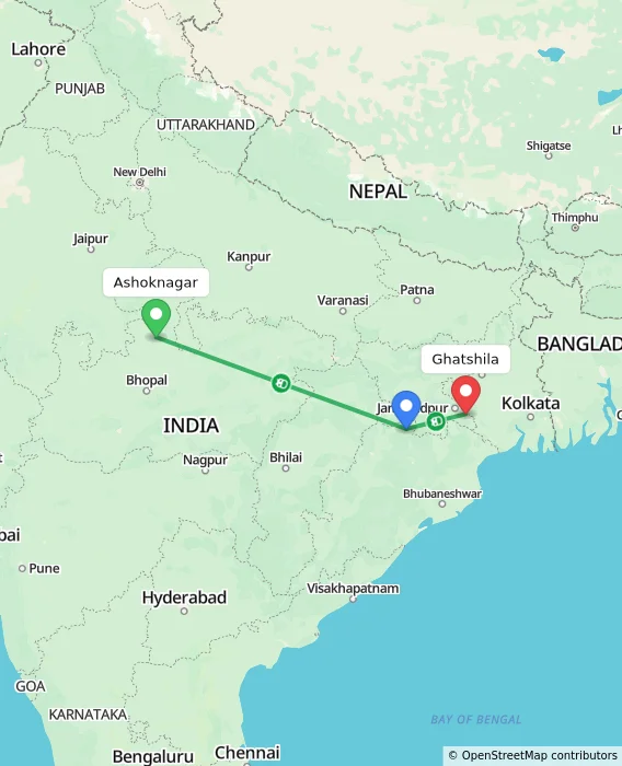 Route map showing distance and travel time from Ashoknagar, India to Ghatshila, India