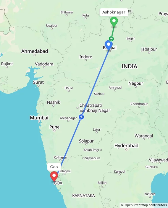 Route map showing distance and travel time from Ashoknagar, India to Goa, India