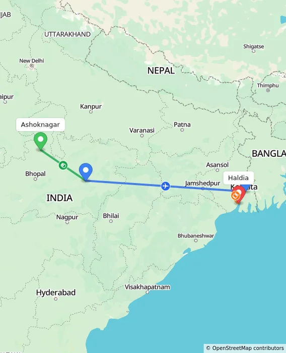 Route map showing distance and travel time from Ashoknagar, India to Haldia, India