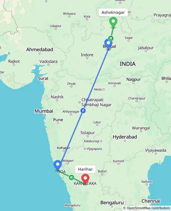 Route map showing distance and travel time from Ashoknagar, India to Harihar, India