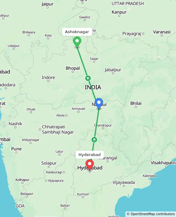 Route map showing distance and travel time from Ashoknagar, India to Hyderabad, India