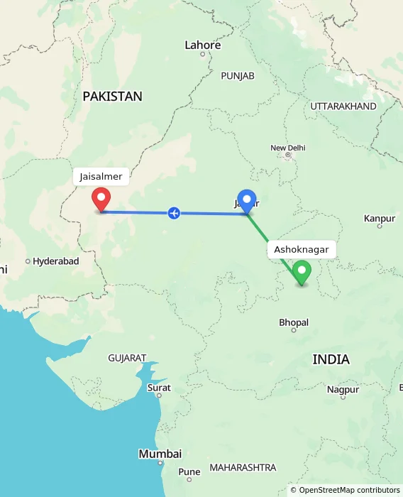 Route map showing distance and travel time from Ashoknagar, India to Jaisalmer, India