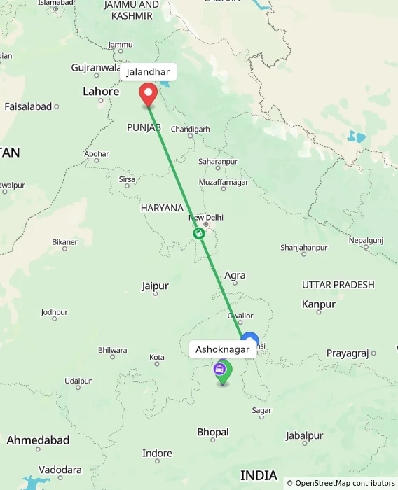 Route map showing distance and travel time from Ashoknagar, India to Jalandhar, India