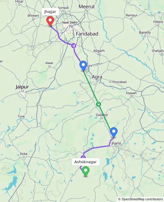 Route map showing distance and travel time from Ashoknagar, India to Jhajjar, India