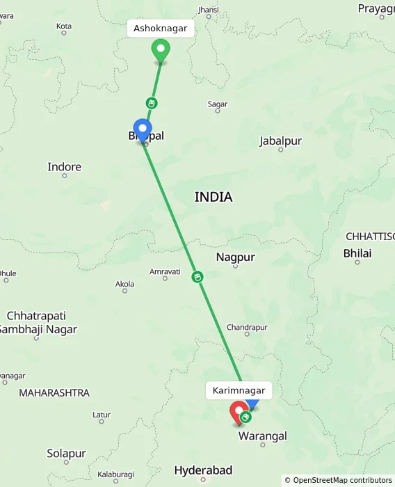 Route map showing distance and travel time from Ashoknagar, India to Karimnagar, India