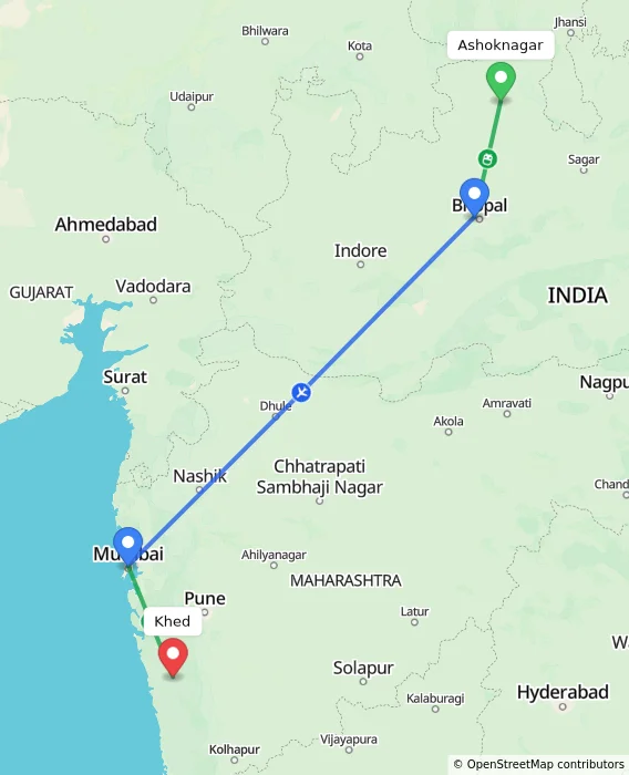 Route map showing distance and travel time from Ashoknagar, India to Khed, India
