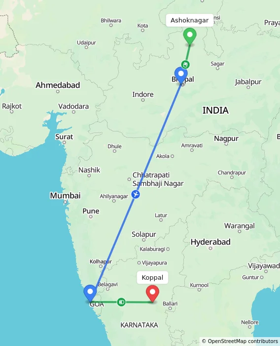 Route map showing distance and travel time from Ashoknagar, India to Koppal, India