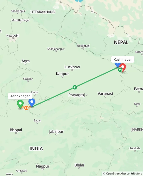 Route map showing distance and travel time from Ashoknagar, India to Kushinagar, India