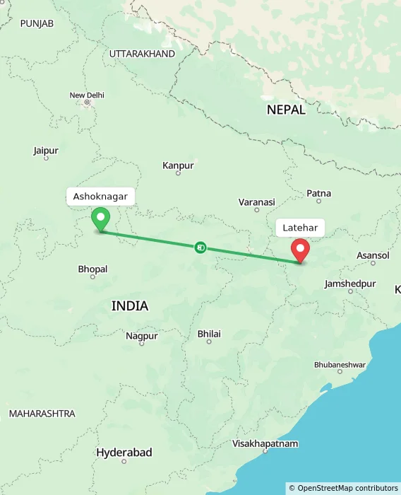 Route map showing distance and travel time from Ashoknagar, India to Latehar, India