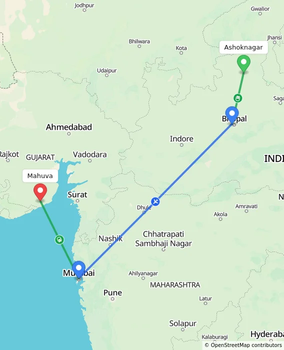 Route map showing distance and travel time from Ashoknagar, India to Mahuva, India