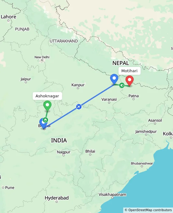 Route map showing distance and travel time from Ashoknagar, India to Motihari, India