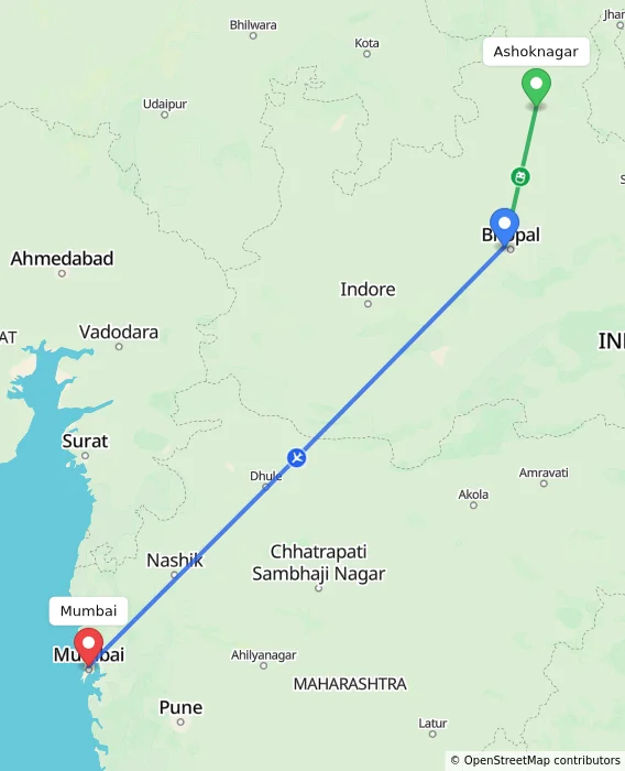 Route map showing distance and travel time from Ashoknagar, India to Mumbai, India