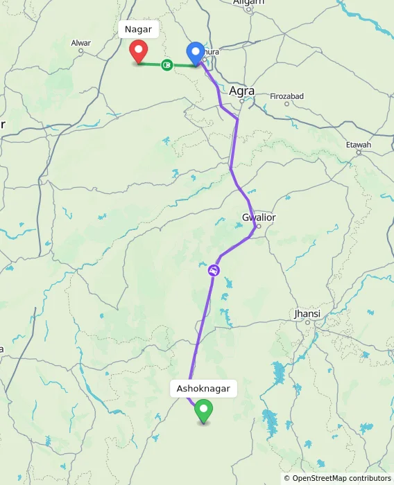 Route map showing distance and travel time from Ashoknagar, India to Nagar, India