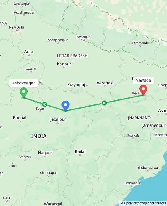 Route map showing distance and travel time from Ashoknagar, India to Nawada, India