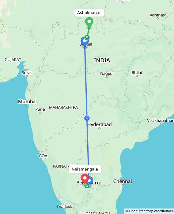 Route map showing distance and travel time from Ashoknagar, India to Nelamangala, India