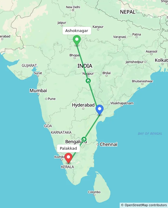 Route map showing distance and travel time from Ashoknagar, India to Palakkad, India