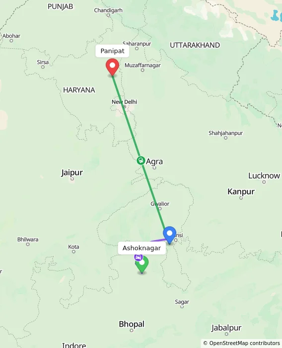 Route map showing distance and travel time from Ashoknagar, India to Panipat, India