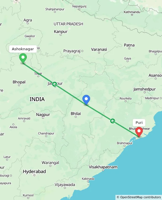 Route map showing distance and travel time from Ashoknagar, India to Puri, India