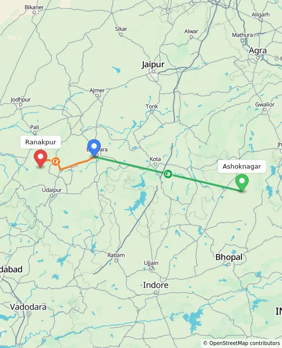 Route map showing distance and travel time from Ashoknagar, India to Ranakpur, India