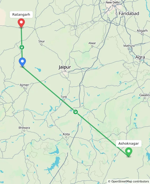 Route map showing distance and travel time from Ashoknagar, India to Ratangarh, India