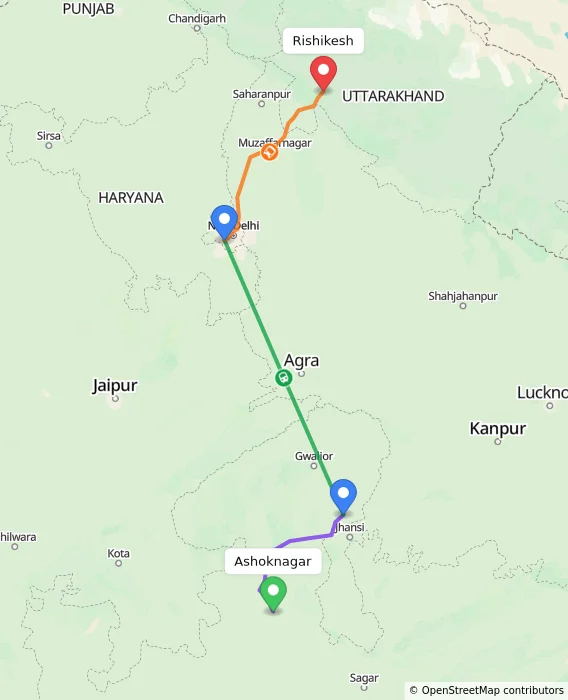 Route map showing distance and travel time from Ashoknagar, India to Rishikesh, India