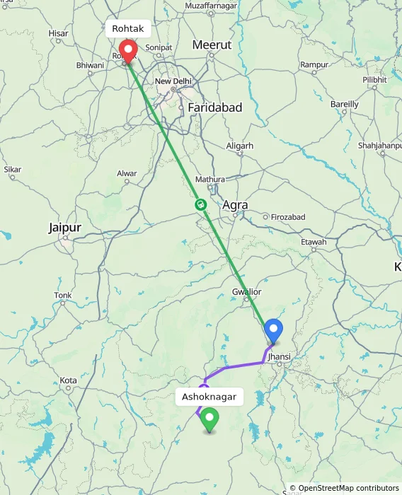 Route map showing distance and travel time from Ashoknagar, India to Rohtak, India