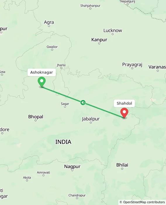 Route map showing distance and travel time from Ashoknagar, India to Shahdol, India