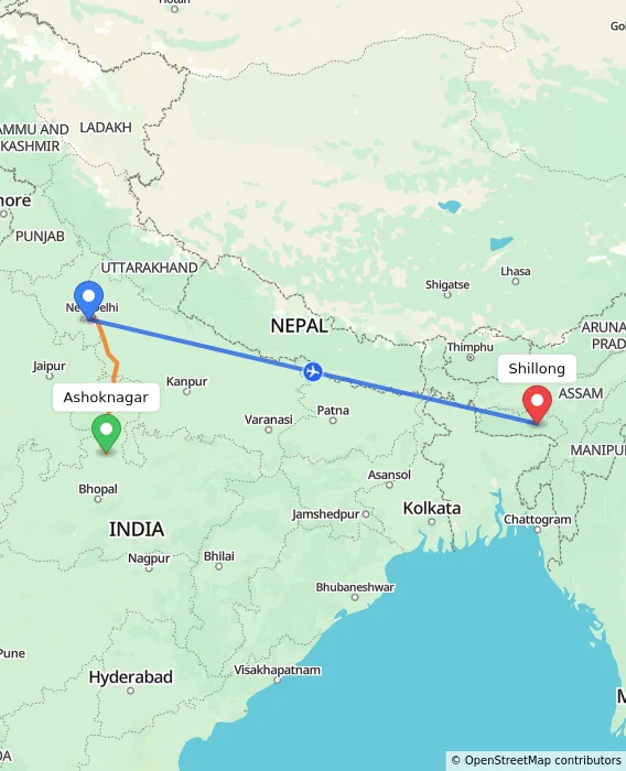 Route map showing distance and travel time from Ashoknagar, India to Shillong, India