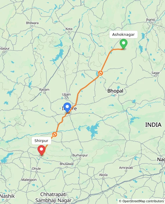 Route map showing distance and travel time from Ashoknagar, India to Shirpur, India