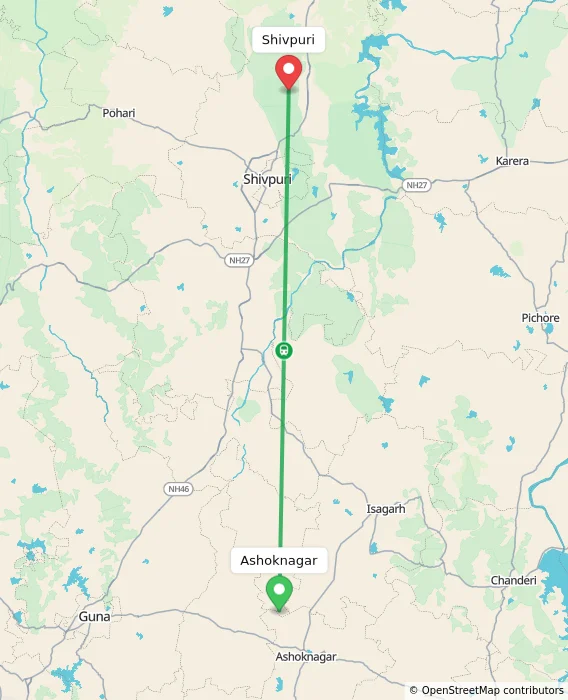 Route map showing distance and travel time from Ashoknagar, India to Shivpuri, India