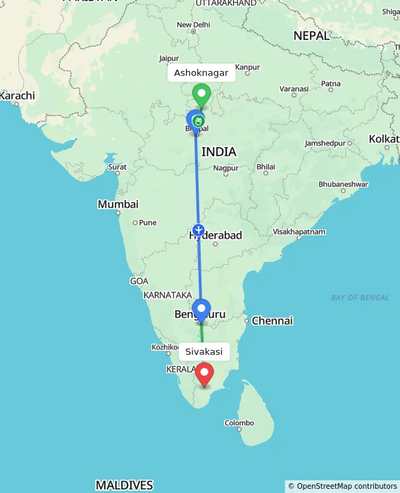 Route map showing distance and travel time from Ashoknagar, India to Sivakasi, India