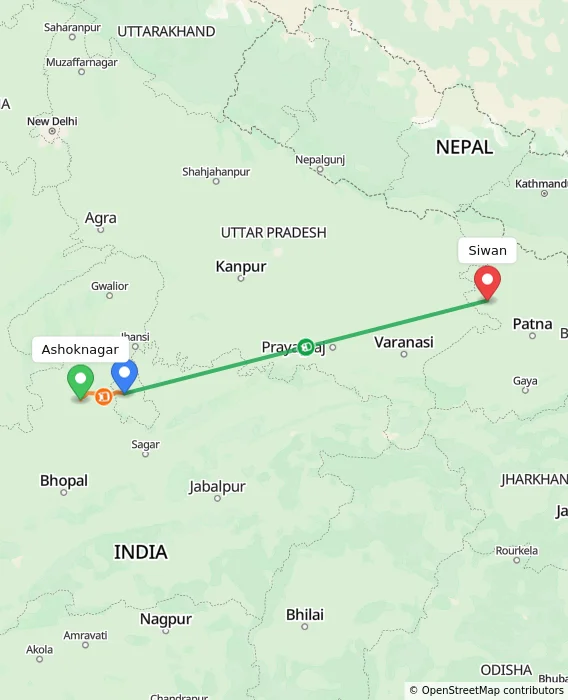 Route map showing distance and travel time from Ashoknagar, India to Siwan, India