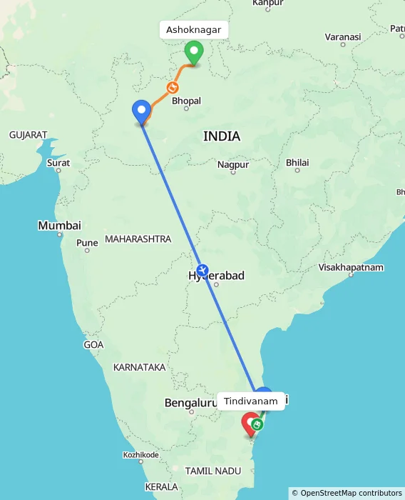 Route map showing distance and travel time from Ashoknagar, India to Tindivanam, India