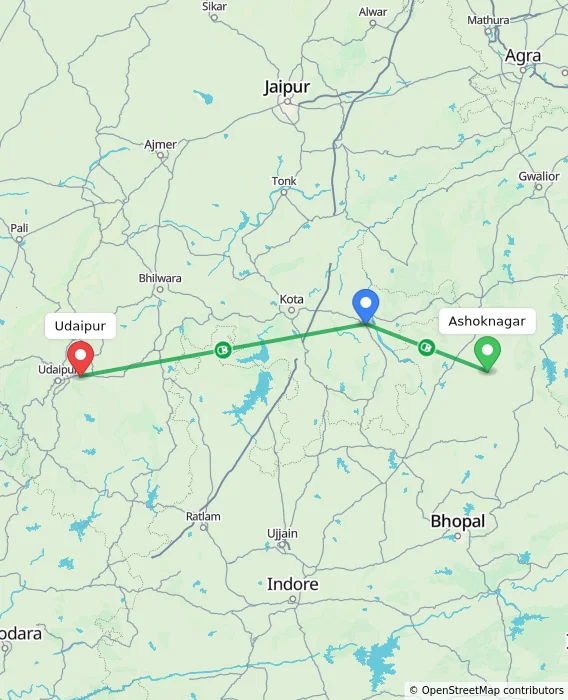 Route map showing distance and travel time from Ashoknagar, India to Udaipur, India