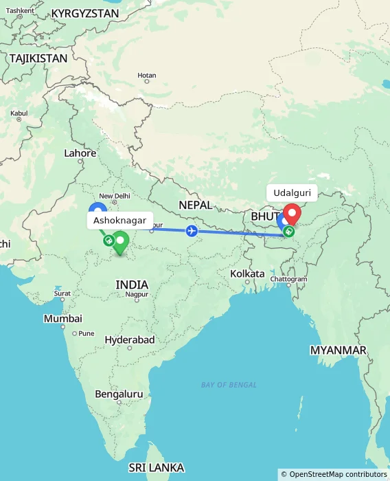 Route map showing distance and travel time from Ashoknagar, India to Udalguri, India
