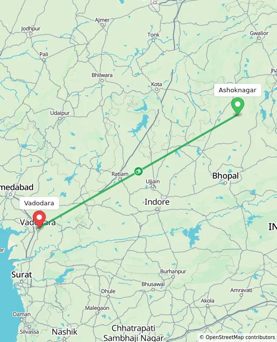 Route map showing distance and travel time from Ashoknagar, India to Vadodara, India