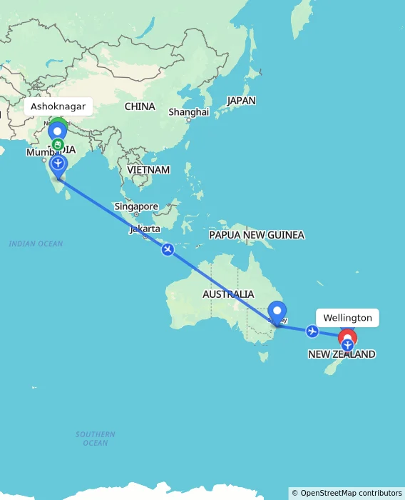 Route map showing distance and travel time from Ashoknagar, India to Wellington, New Zealand