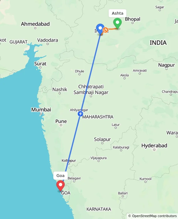 Route map showing distance and travel time from Ashta, India to Goa, India