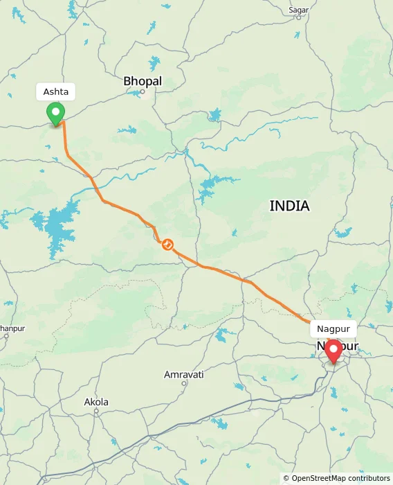 Route map showing distance and travel time from Ashta, India to Nagpur, India