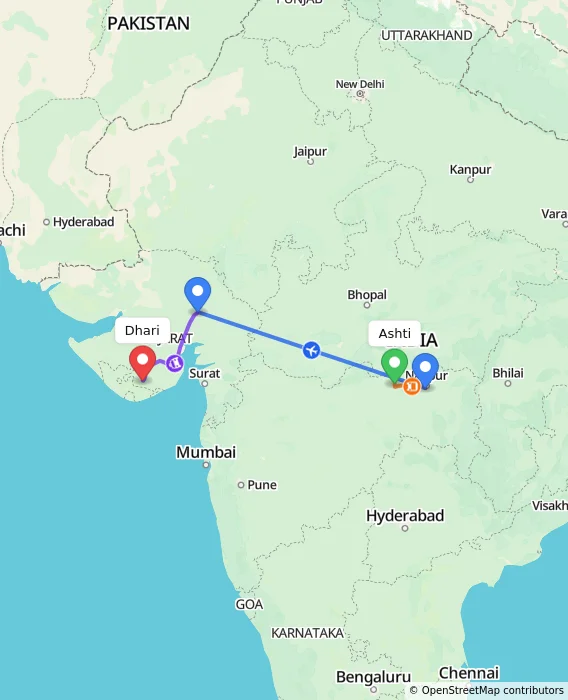 Route map showing distance and travel time from Ashti, India to Dhari, India