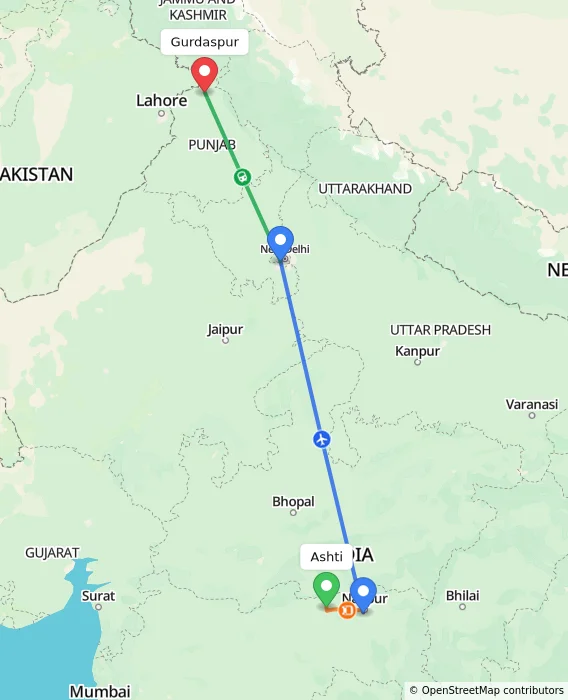 Route map showing distance and travel time from Ashti, India to Gurdaspur, India