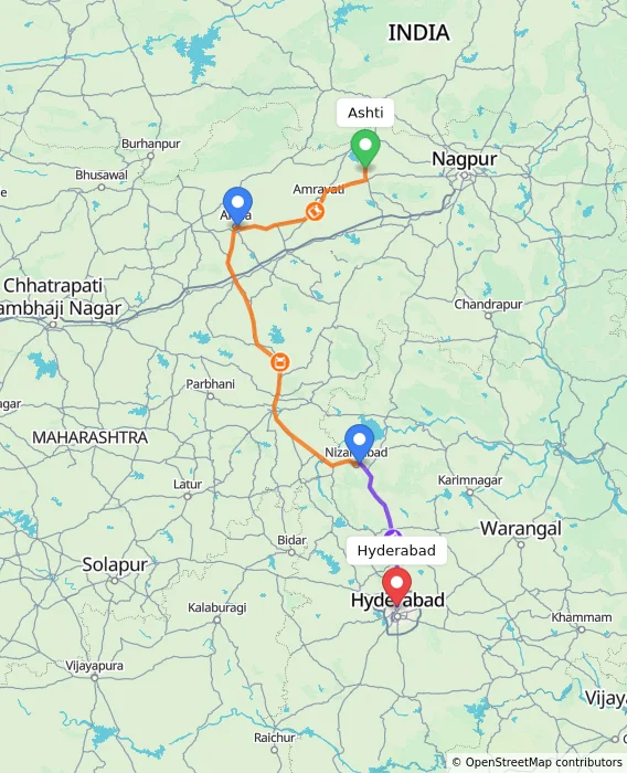 Route map showing distance and travel time from Ashti, India to Hyderabad, India