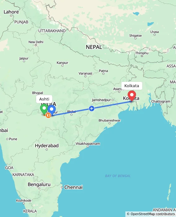 Route map showing distance and travel time from Ashti, India to Kolkata, India