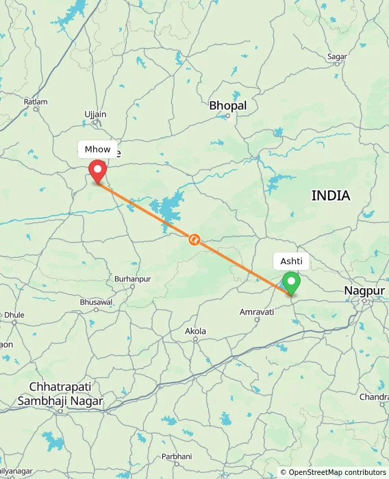 Route map showing distance and travel time from Ashti, India to Mhow, India